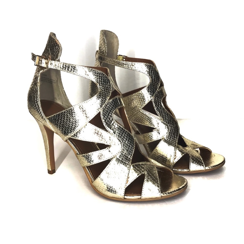 Tesori Gold Snake Skin Vamp Cut Out Stilettos Sz10
